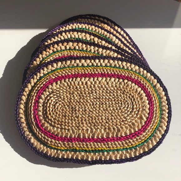 Vintage Set of 6 Multicolour Braided Woven Straw Oval Place Mats Boho - Picture 6 of 6
